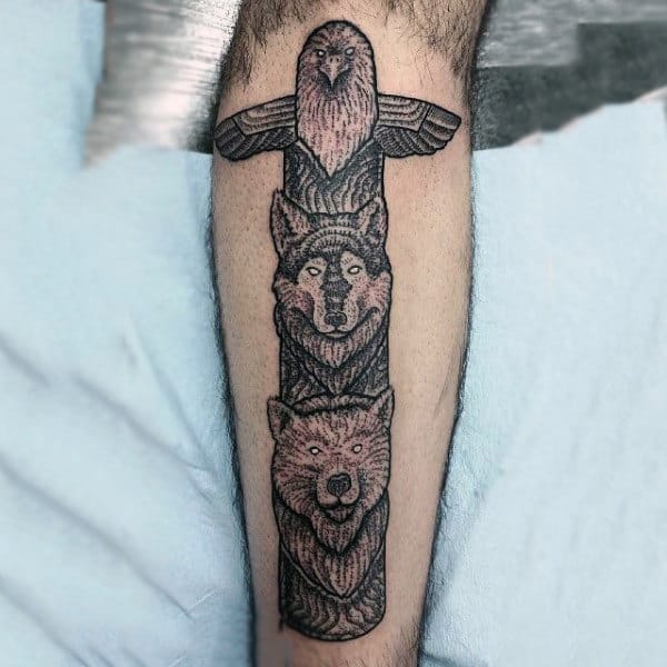 Male With Eagle Wolf And Bear Totem Pole Forearm Tattoo Blck Ink