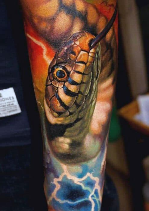 Male With Electric 3d Snake Sleeve Tattoo Deisgn