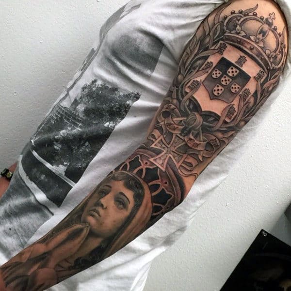 Male With Family Crest Tattoo Sleeve