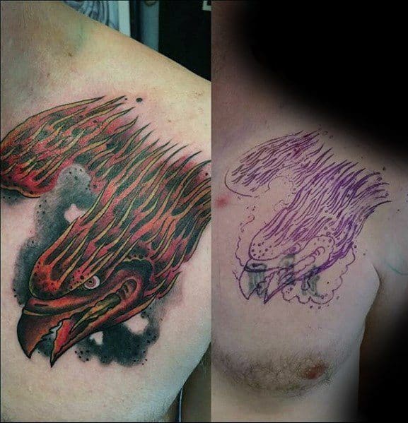 Male With Flaming Bird Phoenix Upper Chest Cover Up Tattoo Ideas