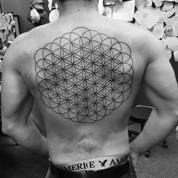 Male With Flower Of Life Full Back Tattoo
