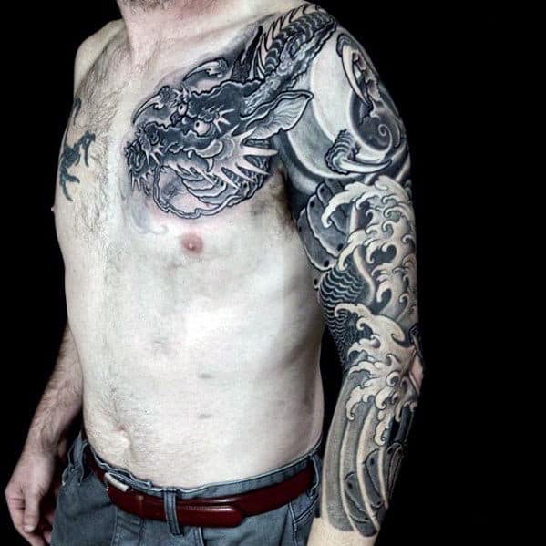 Male With Half Sleeve And Chest Water Waves Dragon Tattoo