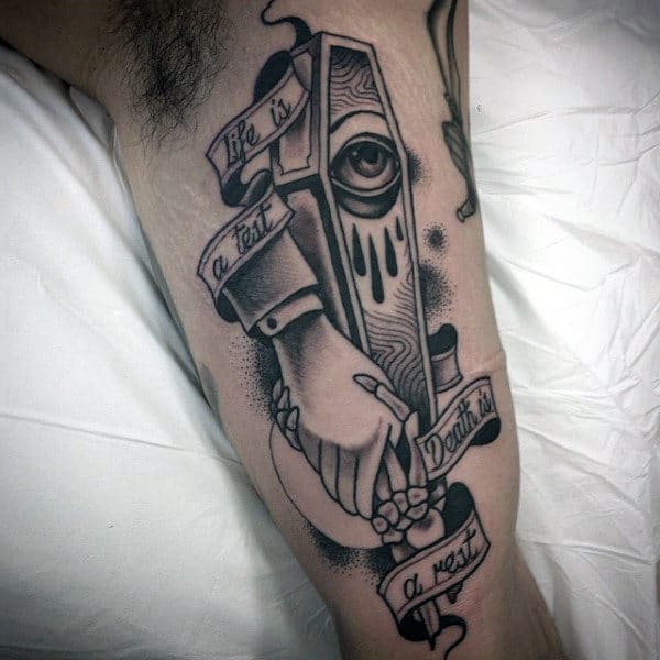 Male With Handshake Coffin Tattoo On Arm