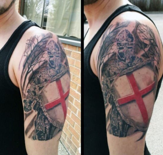 Male With Heraldy Knight Tattoos On Arm