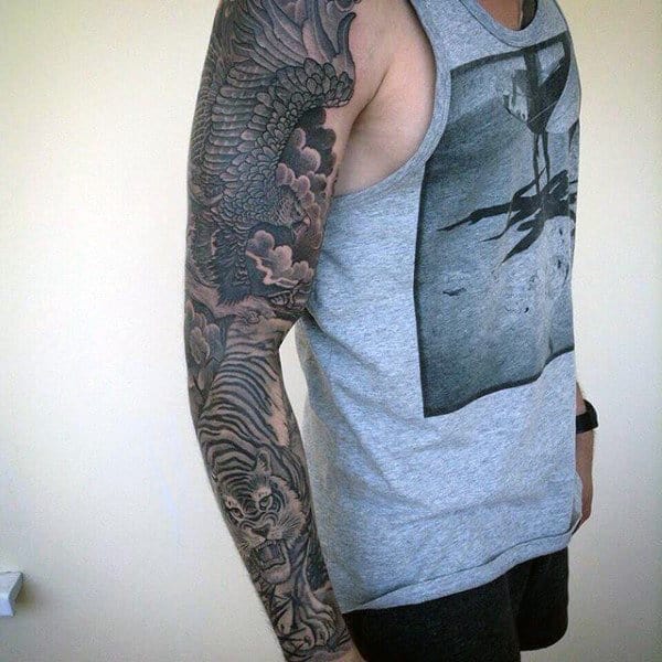 Male With Insane Full Sleeve Tiger Tattoos