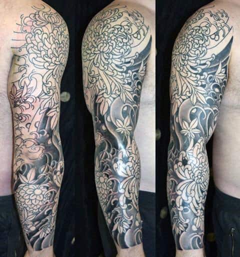Male With Japanese Chrysanthemum Flowers Full Sleeve Tattoo Shaded Ink