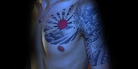 male-with-japanese-rising-sun-red-ink-shaded-chest-and-arm-tattoo