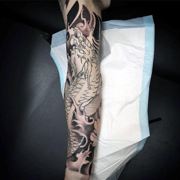 Male With Koi Dragon Black And Grey Ink Japanese Full Arm Sleeve Tattoo
