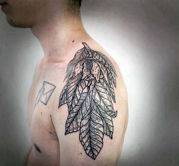 Male With Leaves Woodcut Shoulder Tattoo