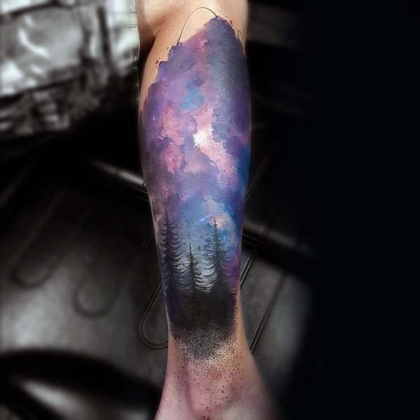 Male With Leg Sleeve Sky Tattoo Of Purple And Blue Clouds