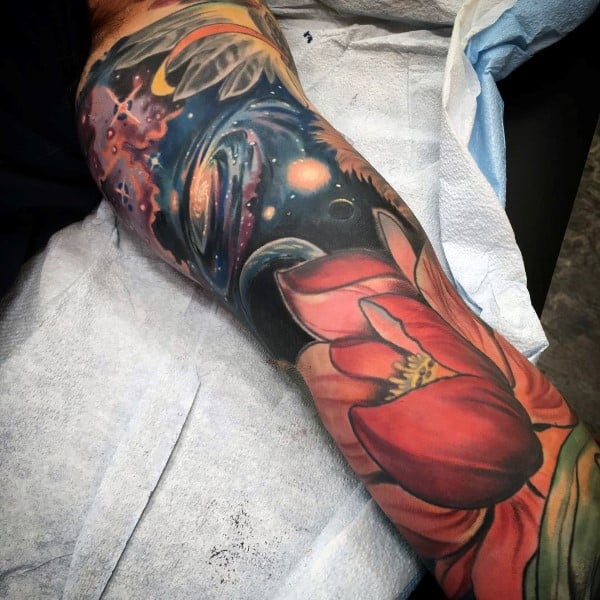 Male With Lotus Flower Outer Space Sleeve Tattoo