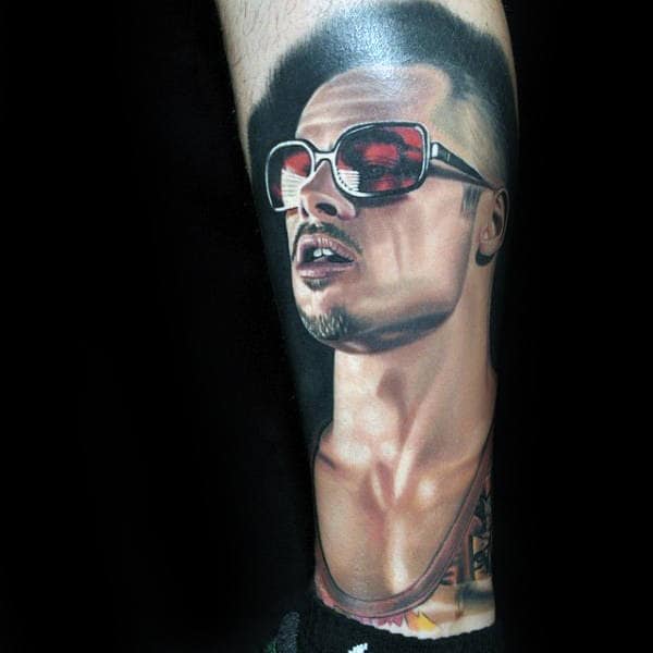 Male With Lower Leg Tattoo Of Tyler Durden From Fight Club