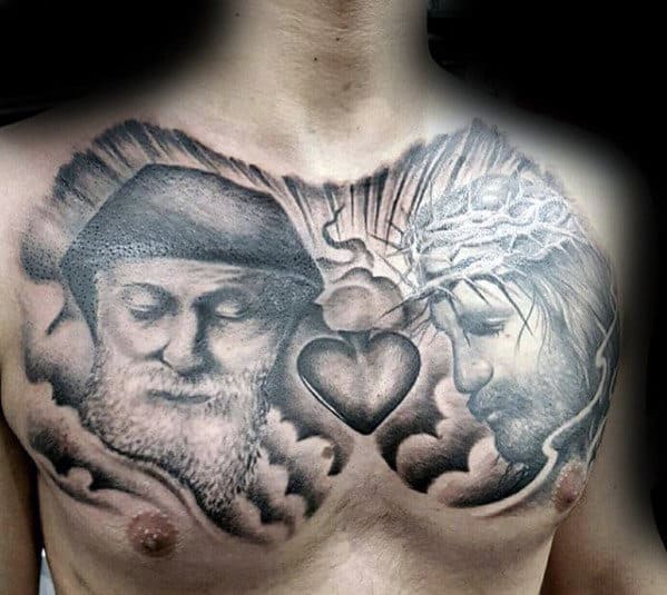 Male With Memorial Jesus Christ Tattoo On Upper Chest
