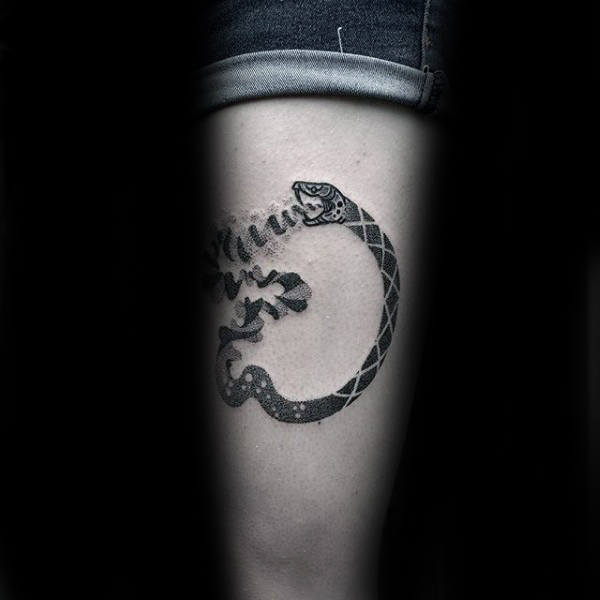Male With Modern Ouroboros Thigh Tattoo Design