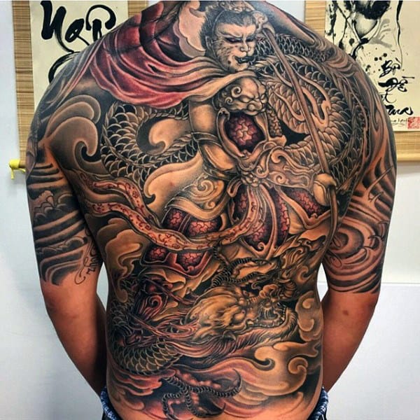 Male With Monkey King Themed Full Back Tattoo