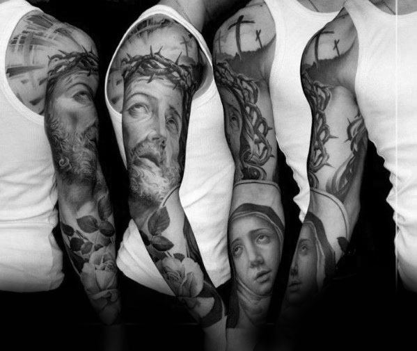 Male With Mother Mary And Jesus Themed Sleeve Tattoo