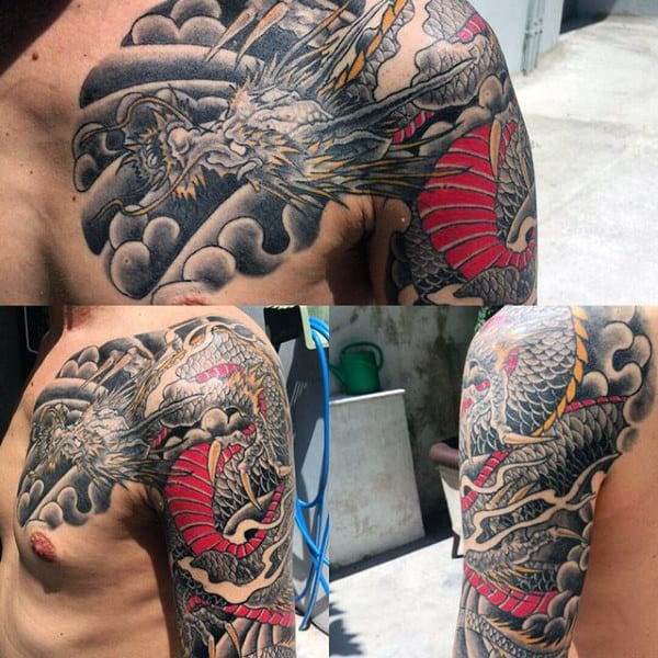 Male With Muted Grey Dragon Tattoo On Sleeves