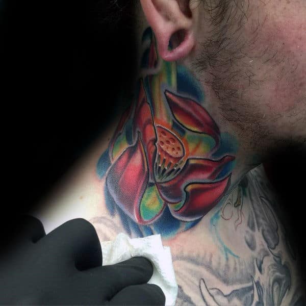 Male With New School Lotus Flower Neck Tattoo