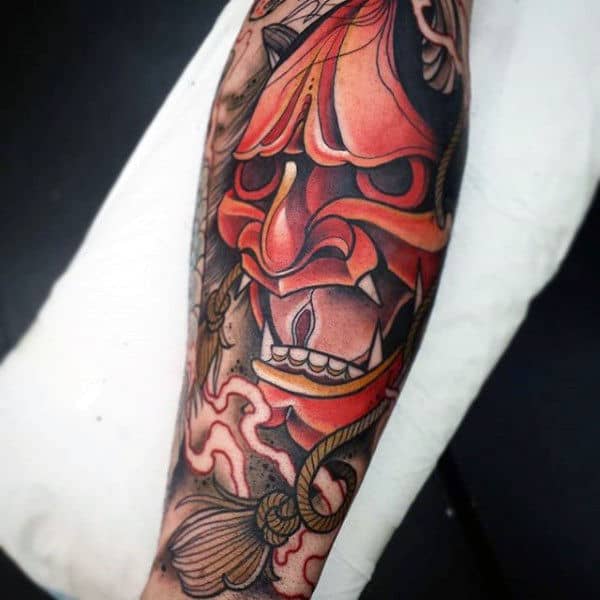 Male With Noh Theater Hannya Mask Arm Sleeve Tattoos