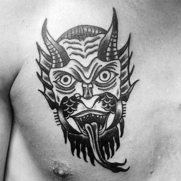 Male With Old School Black Ink Traditional Devil Upper Chest Tattoo