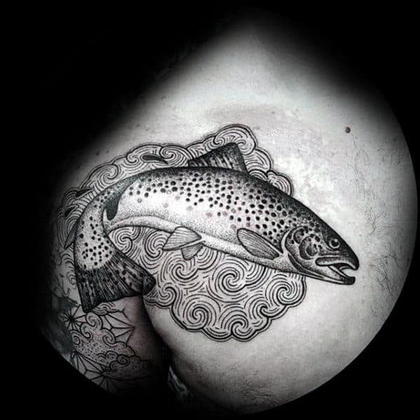 Male With Ornate Trout Upper Chest Tattoo