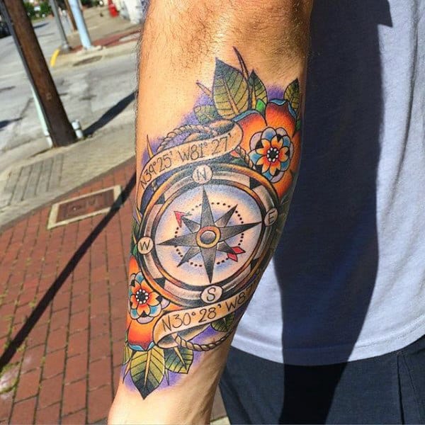 Male With Outer Forearm Tattoo Design Of Traditional Compass