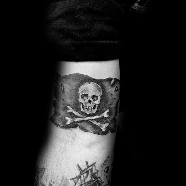 Male With Pirate Flag Inner Arm Tattoo Design