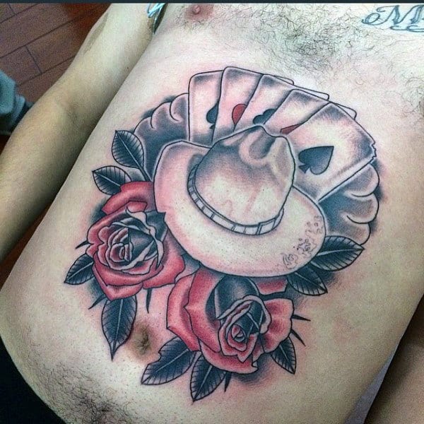 Male With Playing Cards Red Roses Old School Stomach Tattoo