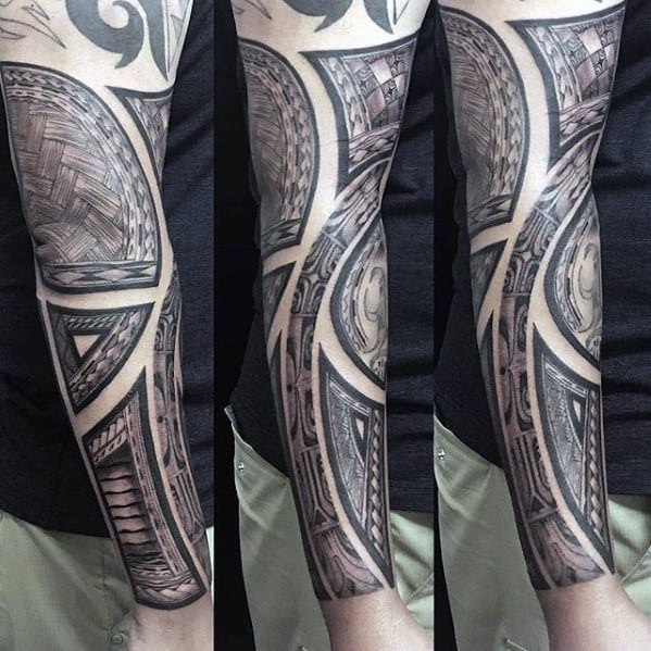 Male With Polynesian Black Ink Traditonal Tribal Tattoo Design On Forearm