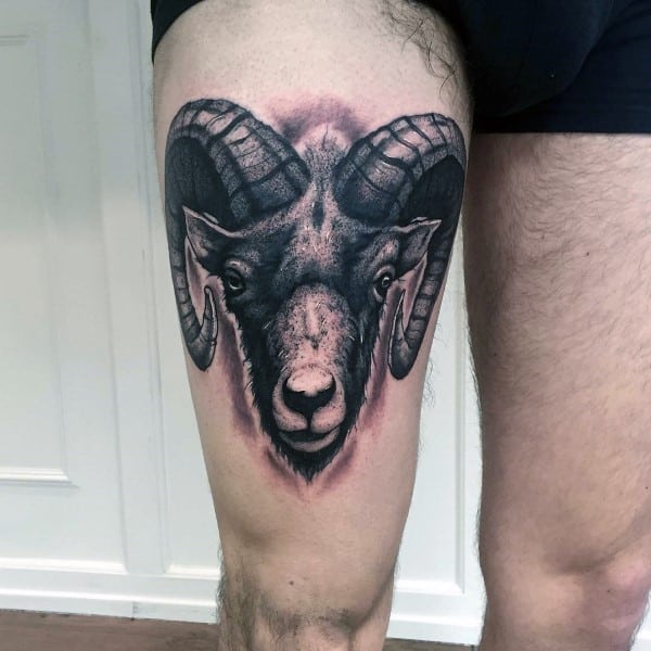 Male With Ram Thigh Tattoo Design