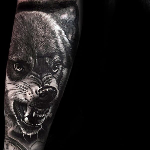 Male With Realistic Angry Wolf Sleeve Tattoo