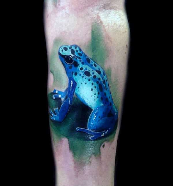 Male With Realistic Blue Frog Tattoo On Inner Forearm