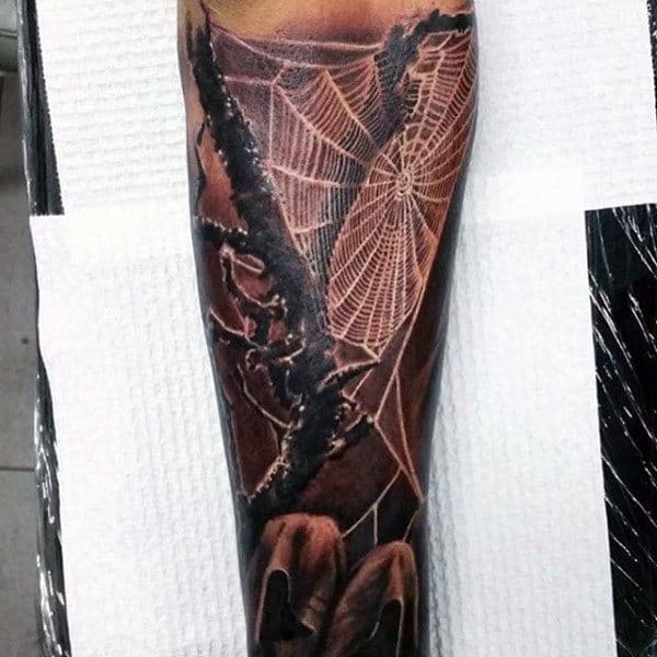 Male With Realistic Spider Web Forearm Tattoo Design