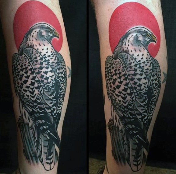 Male With Red Sun Falcon Leg Tattoo