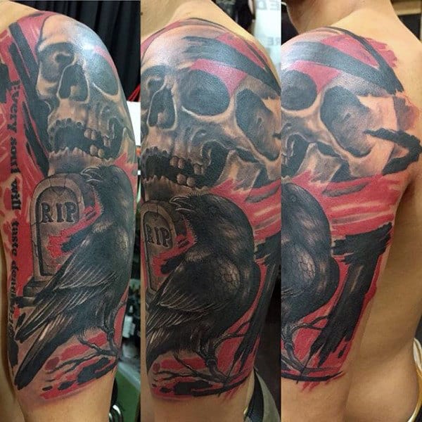Male With Rip Trash Polka Skull Half Sleeve Tattoos