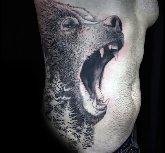Male With Roaring California Bear Rib Cage Side Of Body Tattoo Design
