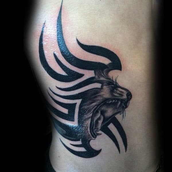 Male With Roaring Tribal Lion Rib Cage Side Tattoo