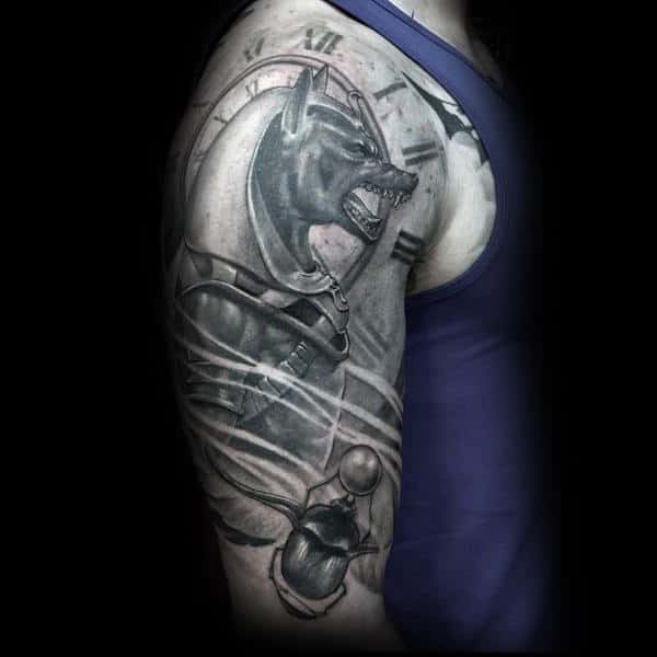 Male With Roman Numerals And Anubis Half Sleeve Tattoo