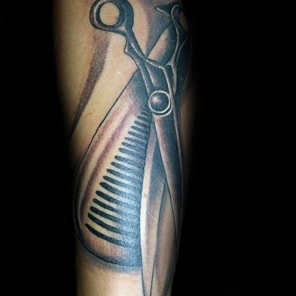 Male With Scissor And Comb Shaded Black And Grey Ink Tattoo