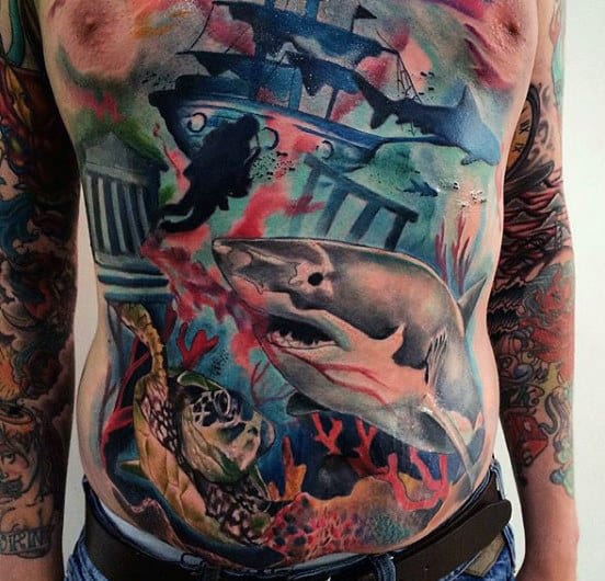 Male With Shark Tattoo Chest Designs