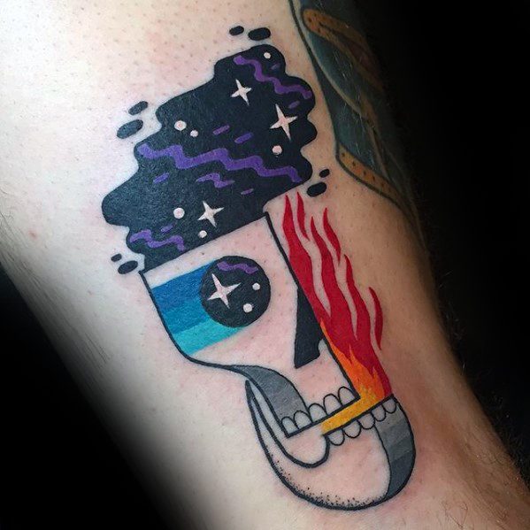 Male With Simple Skull Colorful Outer Space Stars Arm Tattoo