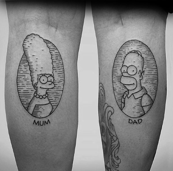 Male With Simpsons Tattoos Leg Calf