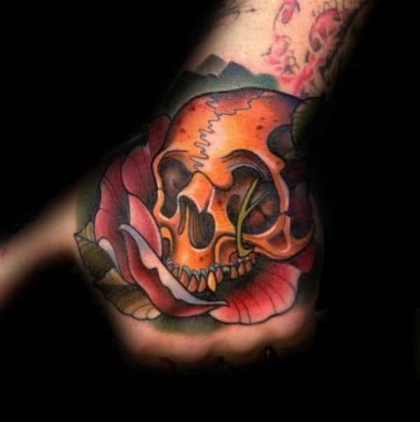 Male With Skull Neo Traditional Hand Tattoo