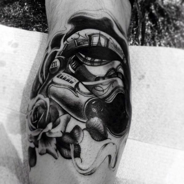 Male With Stormtrooper Rose Flower Tattoo On Leg Calf