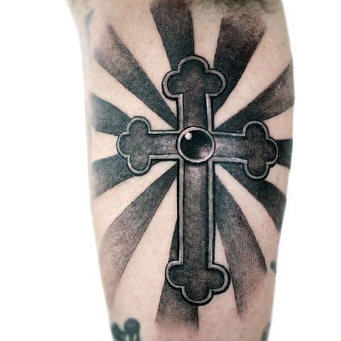 Male With Sun Ray 3d Cross Tattoo On Arm