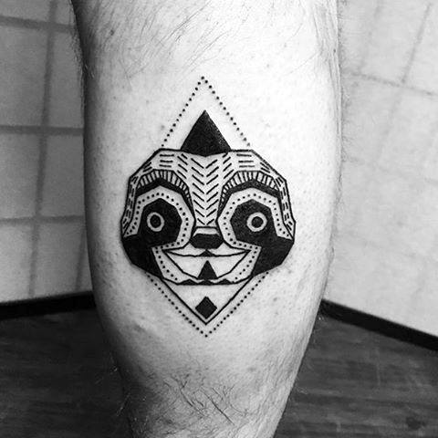 Male With Tattoo Of Geometrical Black Ink Lines Sloth Leg Calf Tattoo