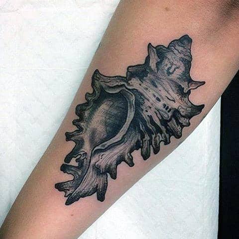 Male With Tattoo Of Lace Murex Seashell On Arm