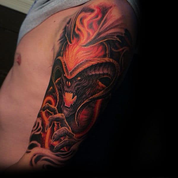 Male With Tattoo Of Lord Of The Rings Balrog Sleeve Design