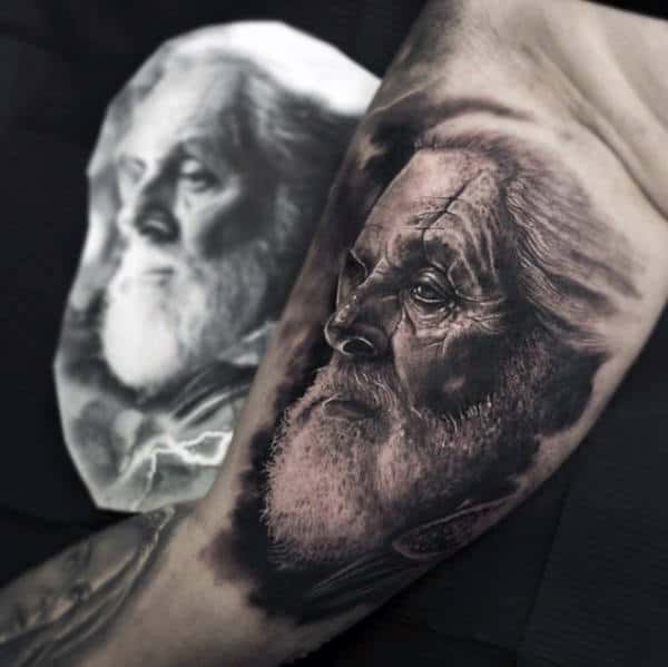 Male With Tattoo Of Ultra Realistic Odin On Inner Arm Bicep