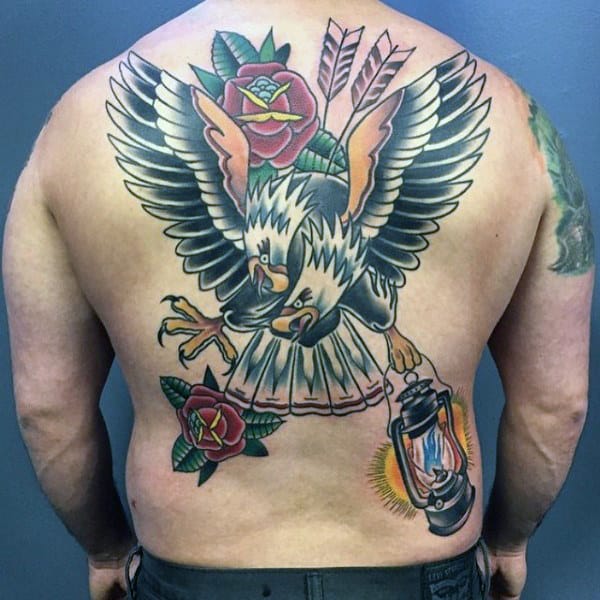 Male With Traditional Back Eagle And Lantern Tattoo
